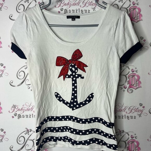 Leo guy tshirt sailor rhinestone White Tee with Black Anchor and Red Bow - Picture 1 of 8